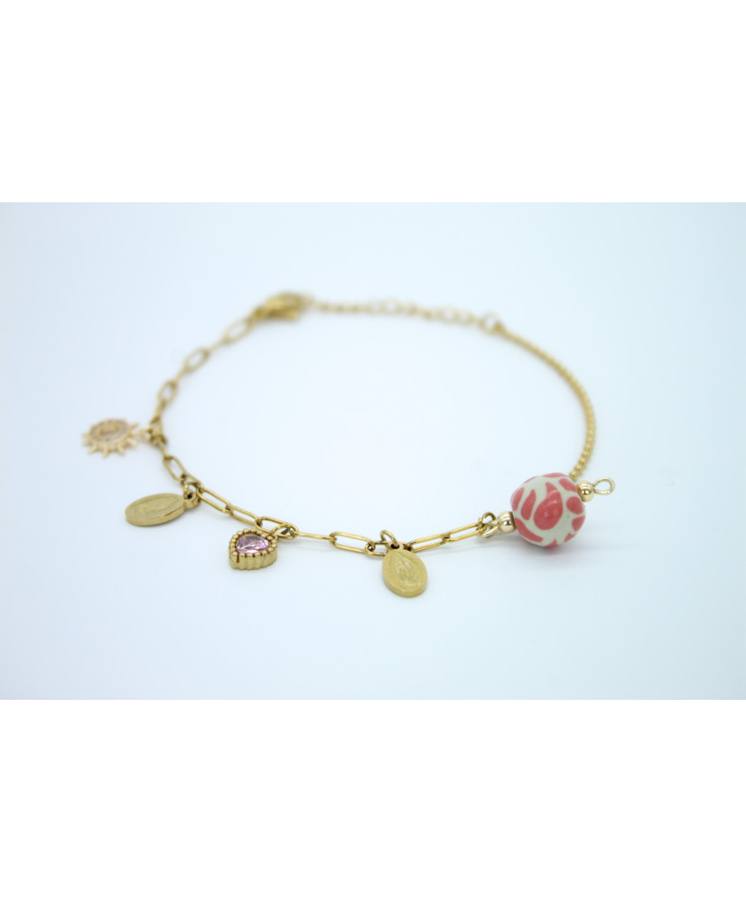 Pulsera de talavera rosa con aplicaciones en chapa de oro 