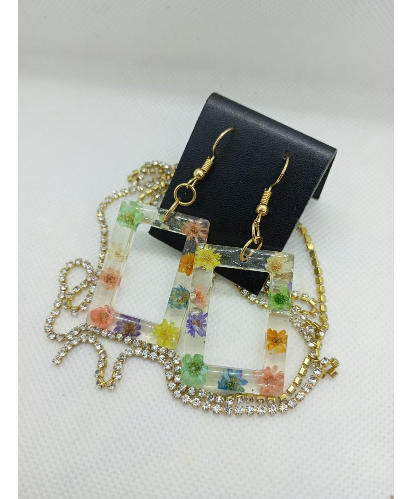 Arete resina arillo rectangular, flores .