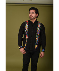 Guayabera Negra Bordada Otomí Artesanal