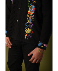 Guayabera Negra Bordada Otomí Artesanal
