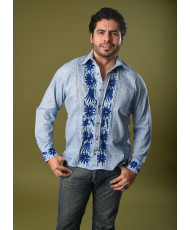 Guayabera Lino Azul Jaspeado Bordada Otomí