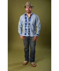 Guayabera Lino Azul Jaspeado Bordada Otomí