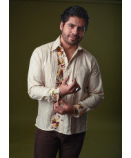 Guayabera Lino Café Jaspeado Bordada Otomí
