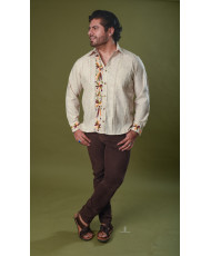 Guayabera Lino Café Jaspeado Bordada Otomí