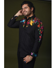 Camisa Negra Bordada Acateca Otomí Caballero