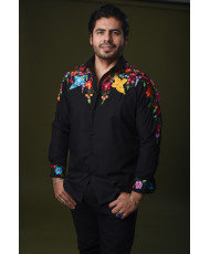 Camisa Negra Bordada Acateca Otomí Caballero