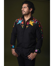 Camisa Negra Bordada Acateca Otomí Caballero