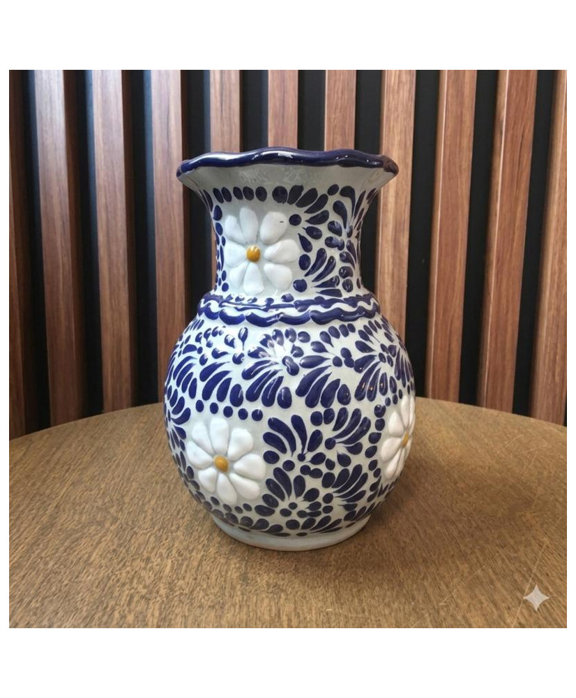 Florero 20cm talavera azul con margarita