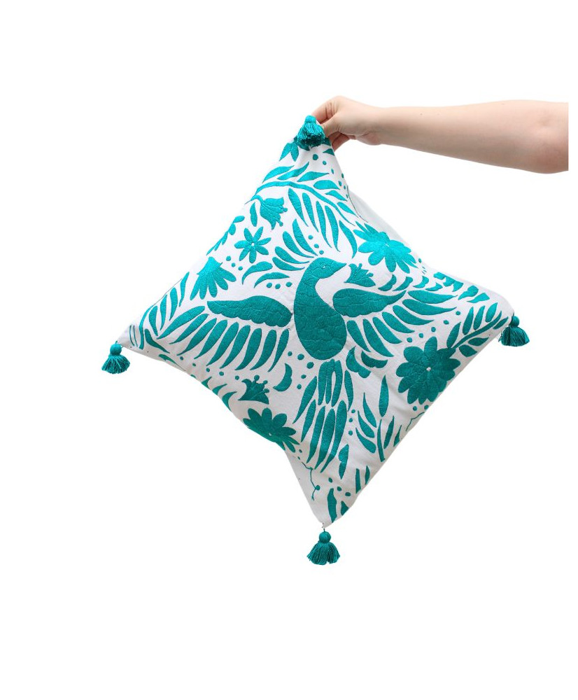 Cojín Pavorreal otomí  (tonos frios)