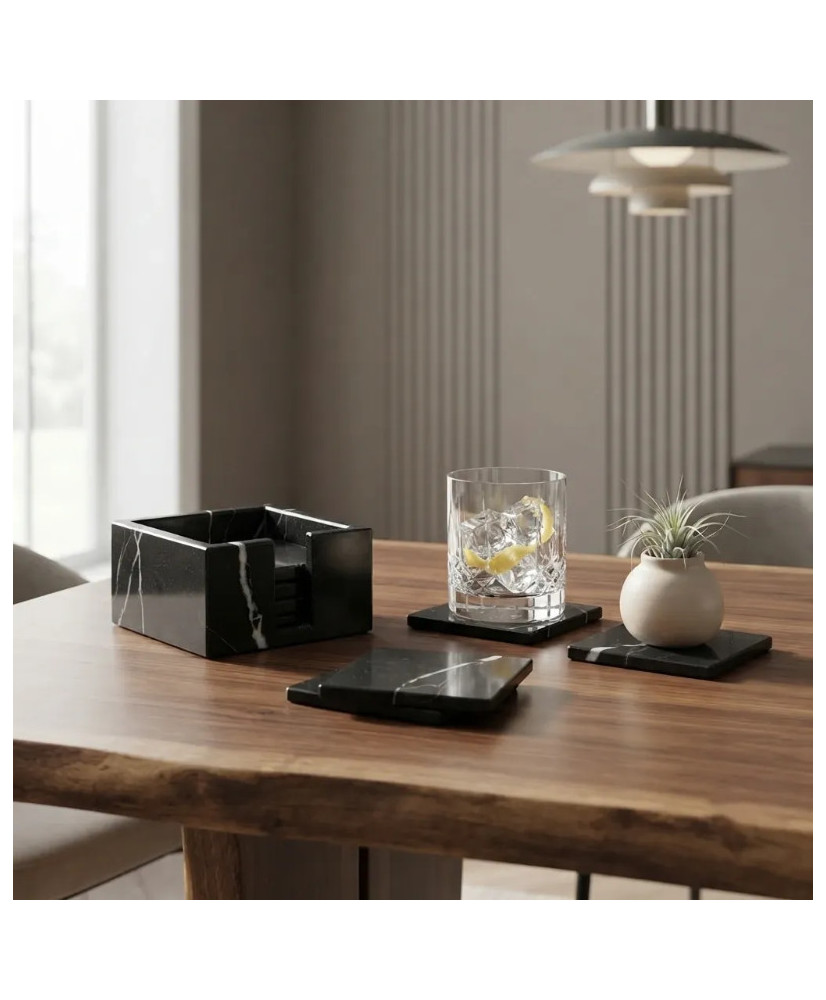 Portavasos Cuadrados de Mármol Blanco y Negro 10x10 cm | Casa Stone