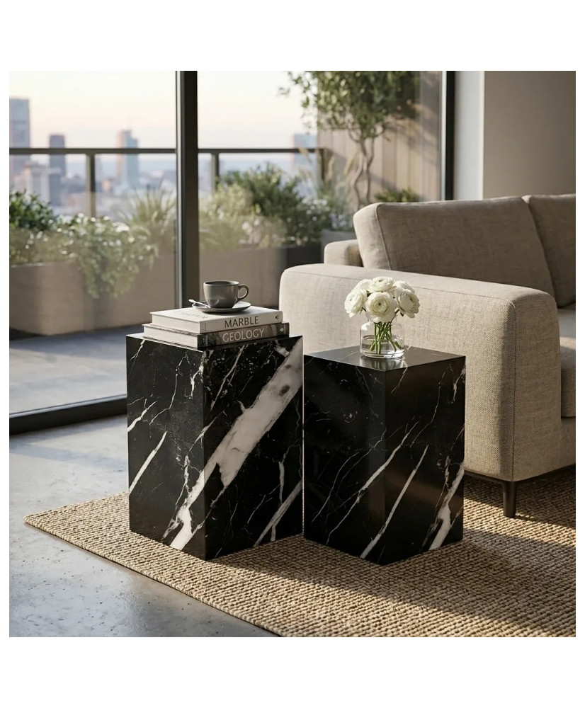 Set de Mesas Pedestal de Mármol 40x40x50 cm | Negro o Negro | Casa Stone