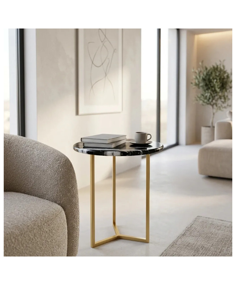 Mesa Lateral de Mármol Negro 45 cm con Acero Dorado | Casa Stone