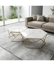 Set de Mesas Hexagonales de Mármol Blanco con Base Dorada | Casa Stone