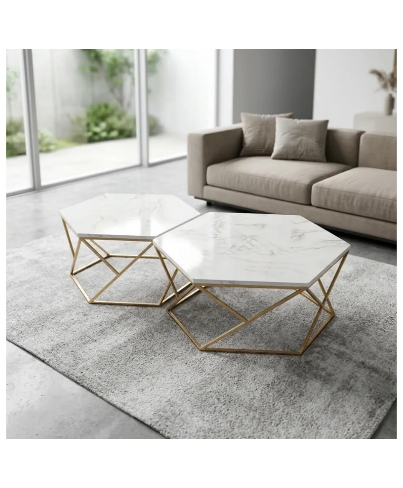 Set de Mesas Hexagonales de Mármol Blanco y Acero Dorado | Casa Stone
