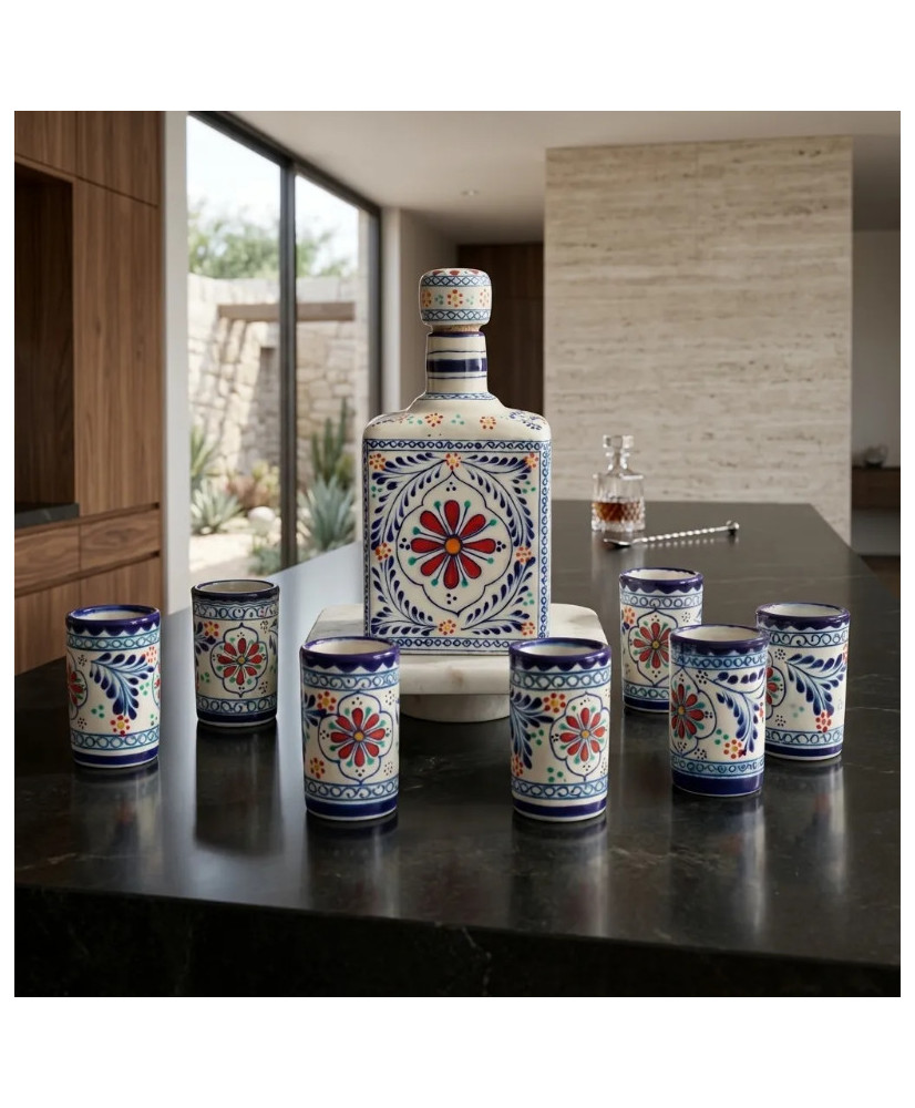 Set de Botella y 6 Tequileros de Talavera | Artesanía Mexicana | Casa Stone
