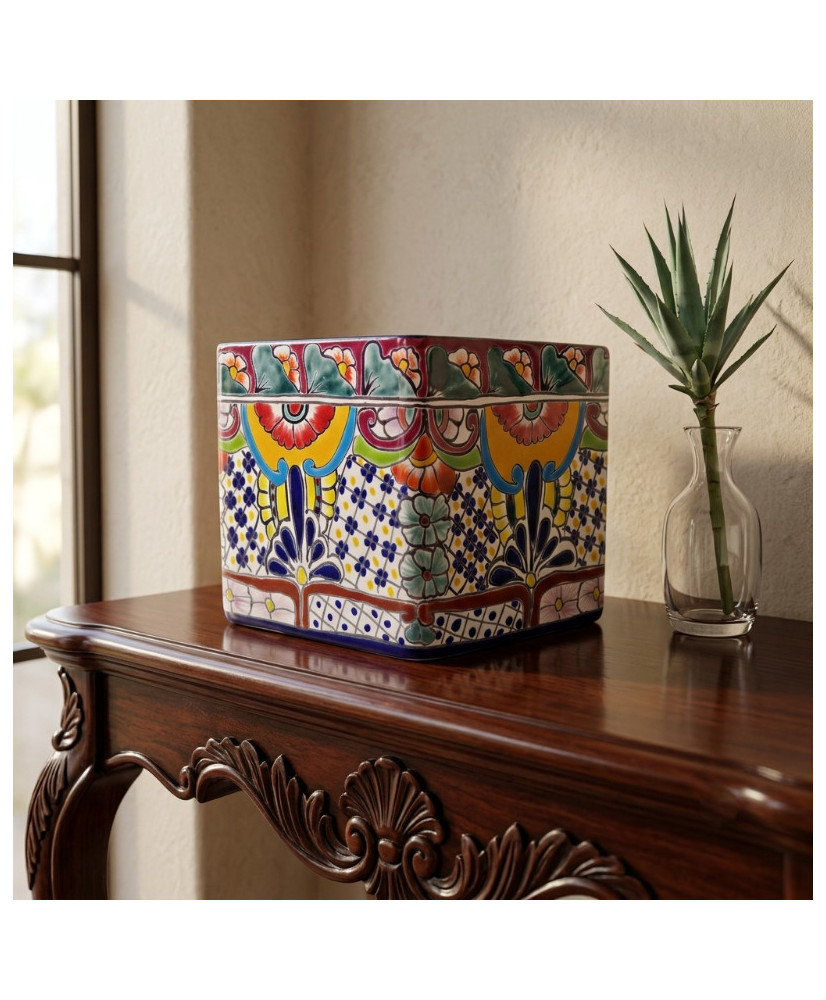 Maceta Cuadrada de Talavera 20x20 cm | Artesanía Mexicana | Casa Stone
