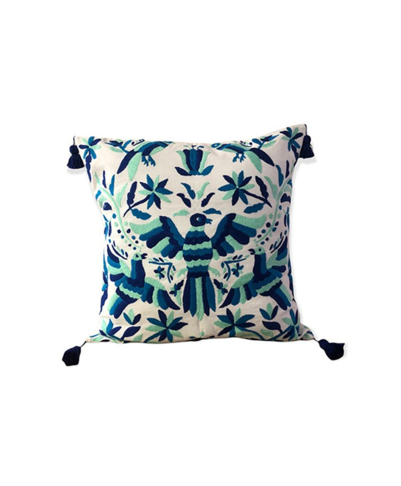 Cojín Otomí Palomas – Bordado Pata de Gallo (Multicolor Azules)