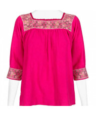 Blusa Artesanal Mexicana Fucsia - Bordado a Mano Cuello Cuadrado.