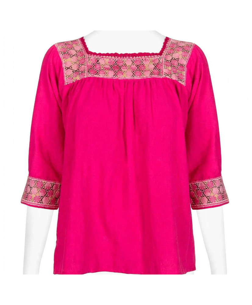 Blusa Artesanal Mexicana Fucsia - Bordado a Mano Cuello Cuadrado.