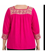 Blusa Artesanal Mexicana Fucsia - Bordado a Mano Cuello Cuadrado.