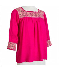 Blusa Artesanal Mexicana Fucsia - Bordado a Mano Cuello Cuadrado.