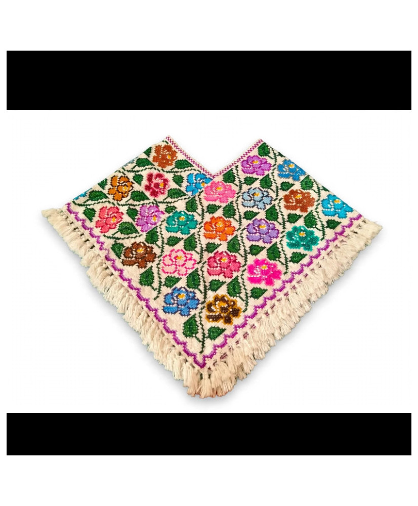 Quexquémetl Artesanal Bordado a Mano - Flores Multicolor con Flecos.