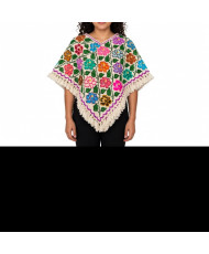 Quexquémetl Artesanal Bordado a Mano - Flores Multicolor con Flecos.