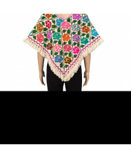 Quexquémetl Artesanal Bordado a Mano - Flores Multicolor con Flecos.
