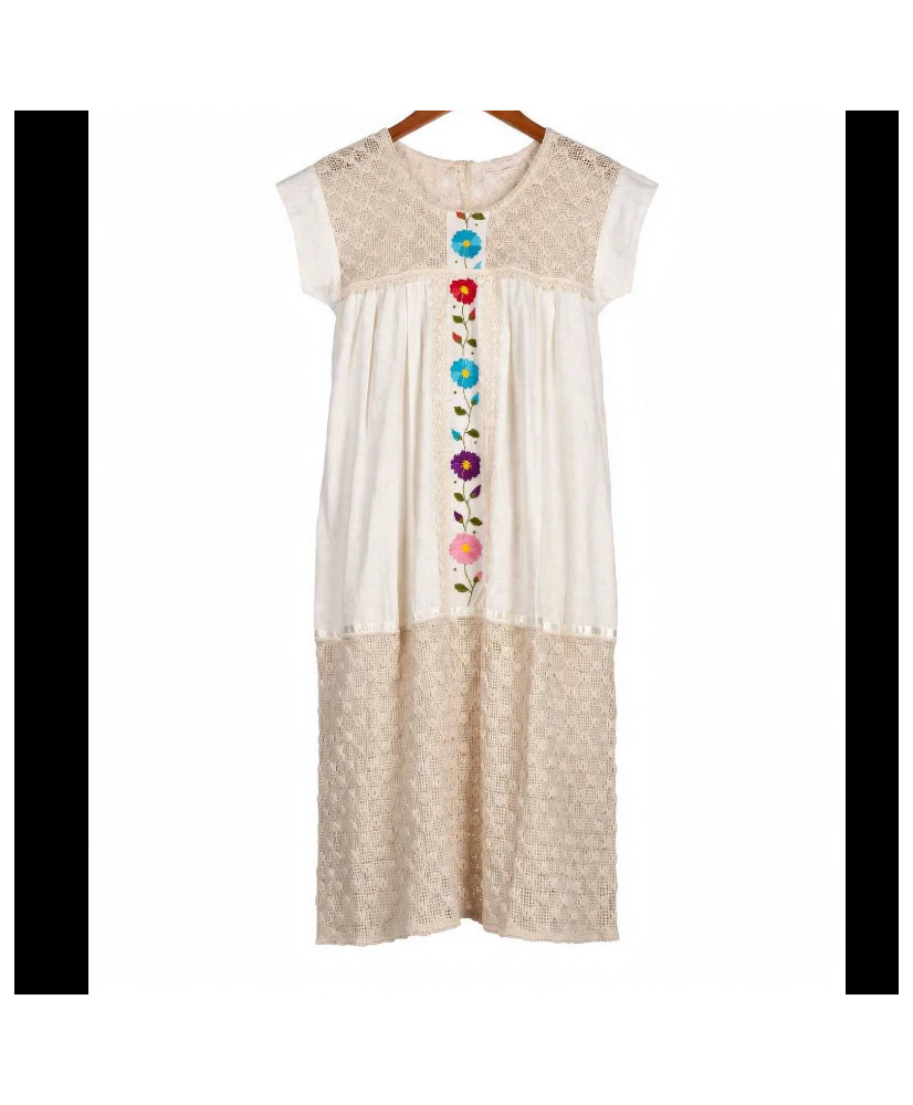 Vestido Artesanal Talla Grande - Manta Beige con Bordado Floral Multicolor.