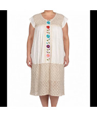 Vestido Artesanal Talla Grande - Manta Beige con Bordado Floral Multicolor.