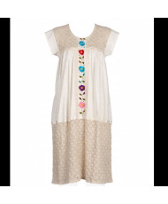 Vestido Artesanal Talla Grande - Manta Beige con Bordado Floral Multicolor.