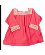 Blusa Artesanal Talla Grande Rosa Coral / Rosa Sandía - Bordado Floral y Mariposas a Mano, Cuello Cuadrado y Manga 3/4 - Manta.