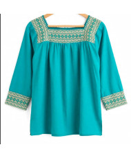 Blusa de Manta Color Turquesa Bordada a Mano - Hilvanado Fino Talla Grande / Artesanal Mexicana.