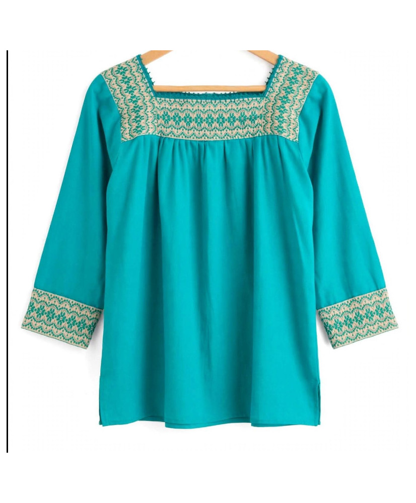 Blusa de Manta Color Turquesa Bordada a Mano - Hilvanado Fino Talla Grande / Artesanal Mexicana.