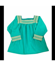 Blusa de Manta Color Turquesa Bordada a Mano - Hilvanado Fino Talla Grande / Artesanal Mexicana.