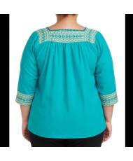 Blusa de Manta Color Turquesa Bordada a Mano - Hilvanado Fino Talla Grande / Artesanal Mexicana.
