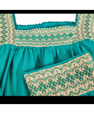 Blusa de Manta Color Turquesa Bordada a Mano - Hilvanado Fino Talla Grande / Artesanal Mexicana.