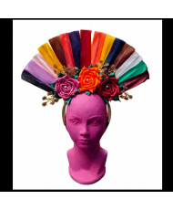 Tocado Artesanal Mexicano - Abanico Multicolor con 3 Rosas y Perlas - Diadema Catrina.