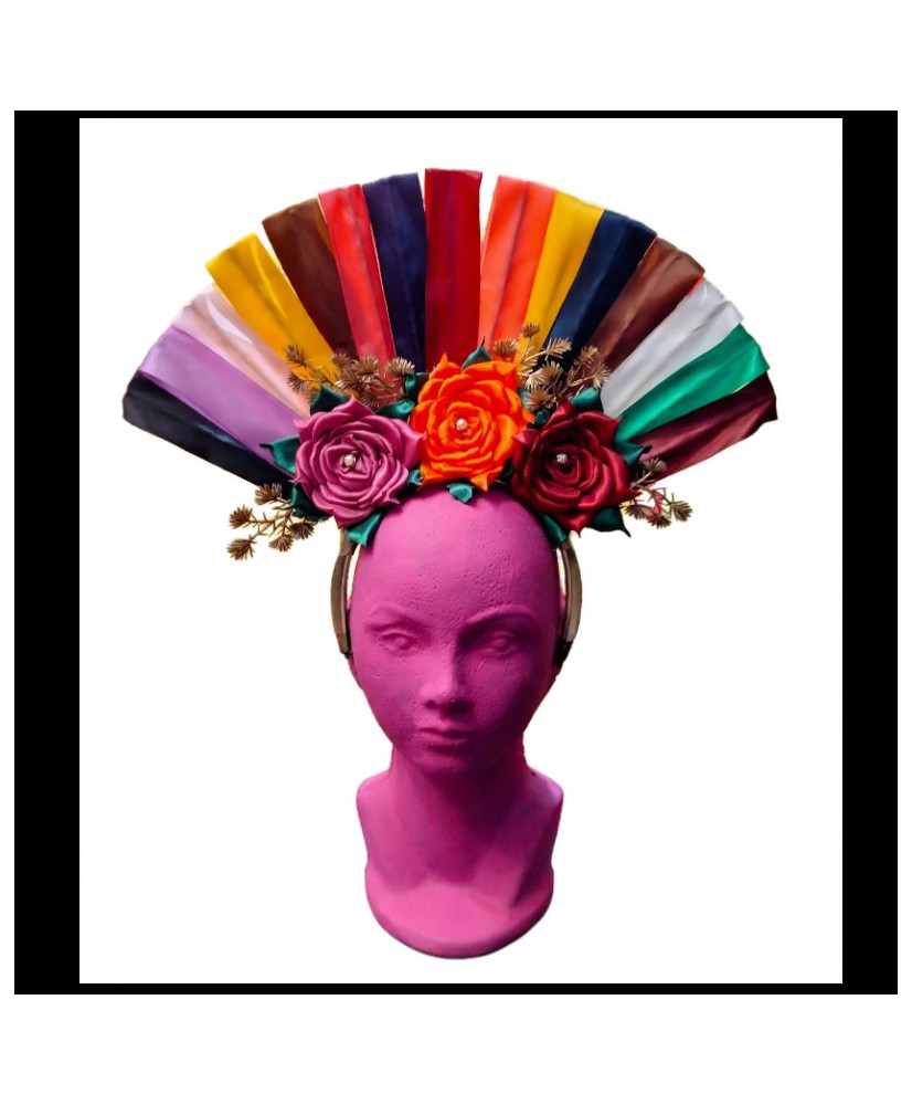 Tocado Artesanal Mexicano - Abanico Multicolor con 3 Rosas y Perlas - Diadema Catrina.