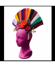 Tocado Artesanal Mexicano - Abanico Multicolor con 3 Rosas y Perlas - Diadema Catrina.