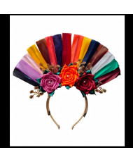 Tocado Artesanal Mexicano - Abanico Multicolor con 3 Rosas y Perlas - Diadema Catrina.