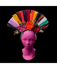 Tocado Artesanal Mexicano - Abanico Multicolor con 3 Rosas y Perlas - Diadema Catrina.