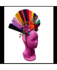 Tocado Artesanal Mexicano - Abanico Multicolor con 3 Rosas y Perlas - Diadema Catrina.