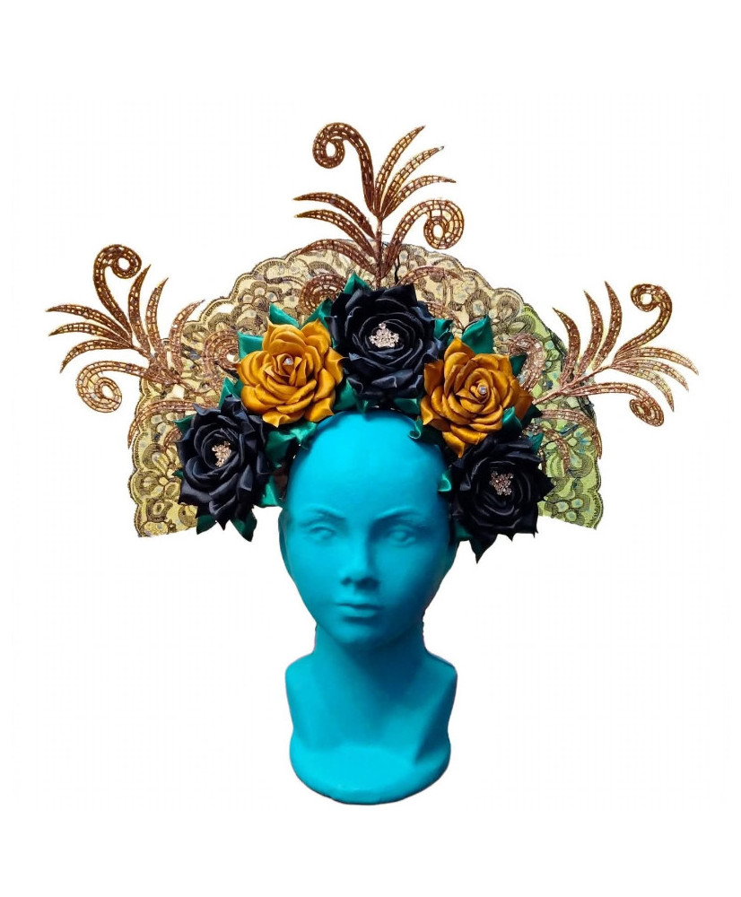 Tocado Artesanal para Catrina - Negro, Mostaza y Dorado | Corona Floral Mexicana.