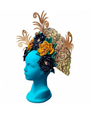 Tocado Artesanal para Catrina - Negro, Mostaza y Dorado | Corona Floral Mexicana.
