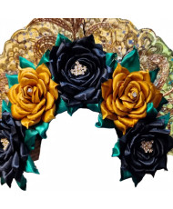 Tocado Artesanal para Catrina - Negro, Mostaza y Dorado | Corona Floral Mexicana.