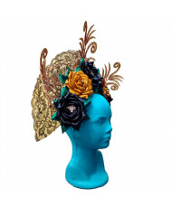 Tocado Artesanal para Catrina - Negro, Mostaza y Dorado | Corona Floral Mexicana.