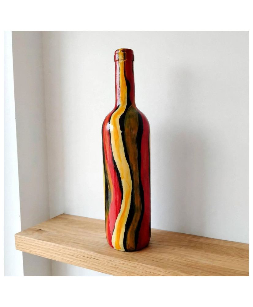 Botella Decorativa Pintada a Mano - Arte Abstracto Ondas Multicolor.
