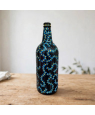 Botella Decorativa Pintada a Mano - Arte Puntillismo Azul y Amarillo - Reciclada.