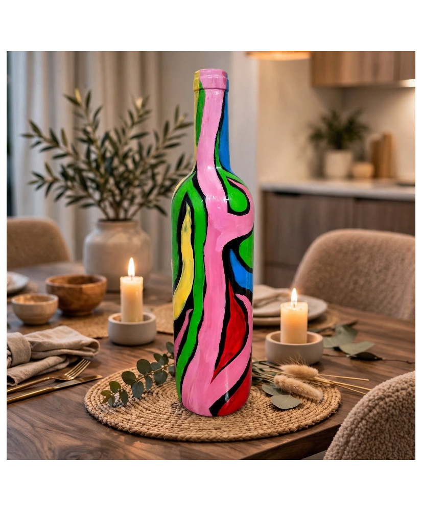 Botella Decorativa Pintada a Mano - Arte Abstracto Colorido - Reciclada.
